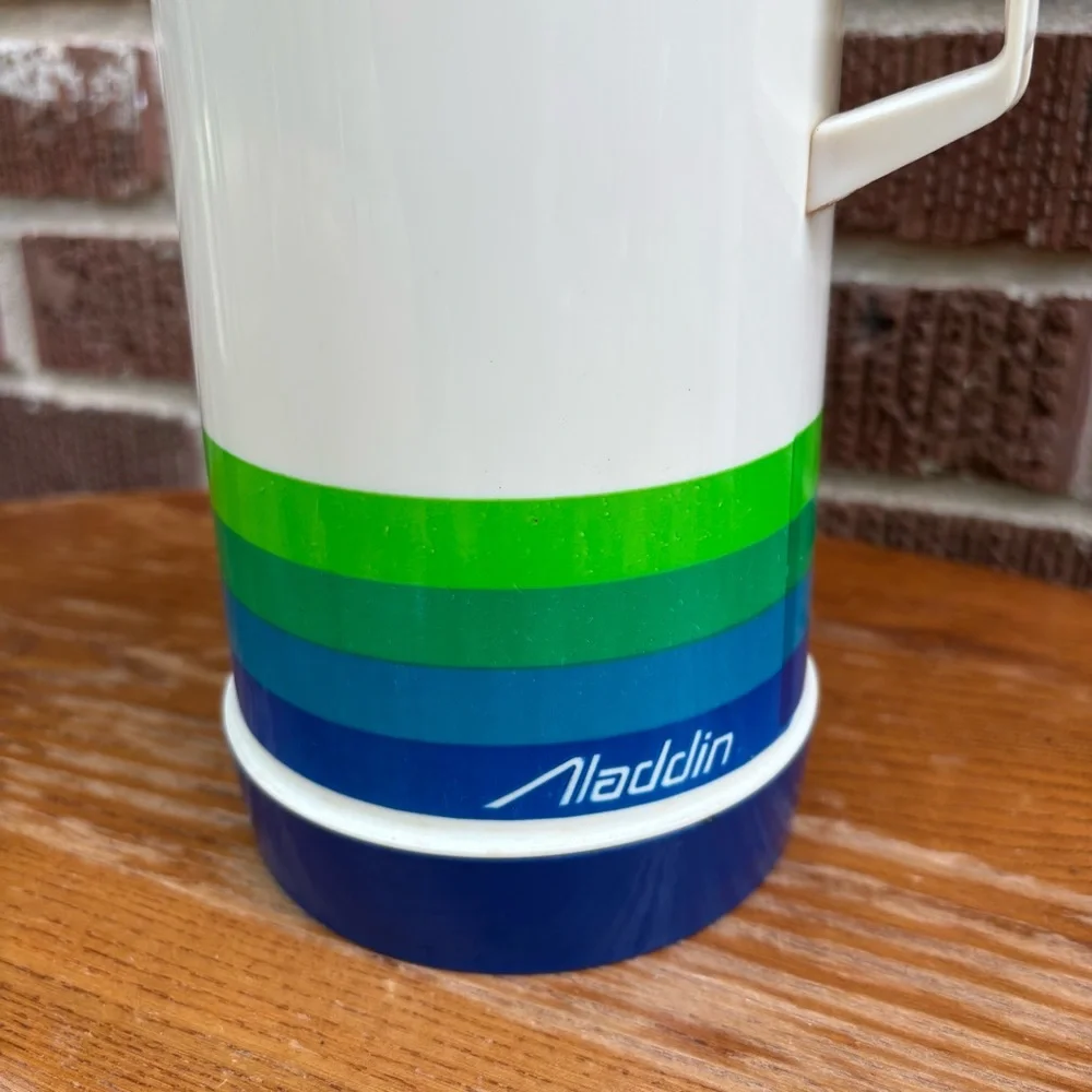 Vintage Aladdin Quart Thermos Retro Blues and Greens Stripe on Beige Stopper 12